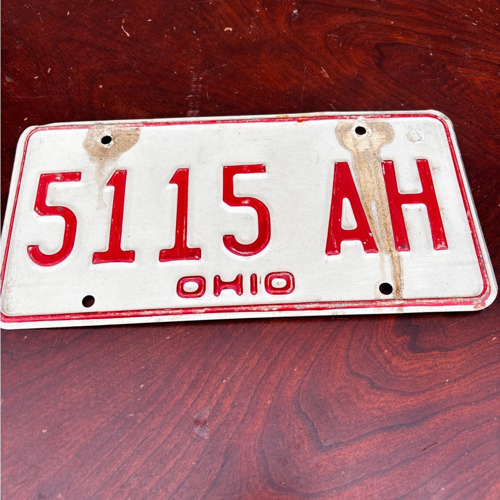 Vintage Ohio License Plate 5115 AH - White & Red